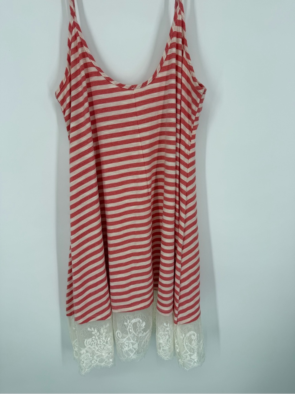 Poof! Red White Striped Cami Tank Top Lace Trim Flared Babydoll Boho Racerback M